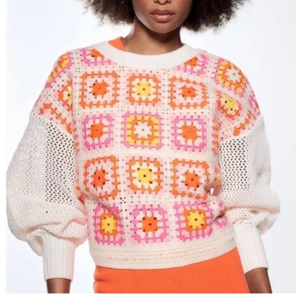 Zara Crochet Sweater Women S Patchwork Square Colorful Puff Sleeve Granny Boxy